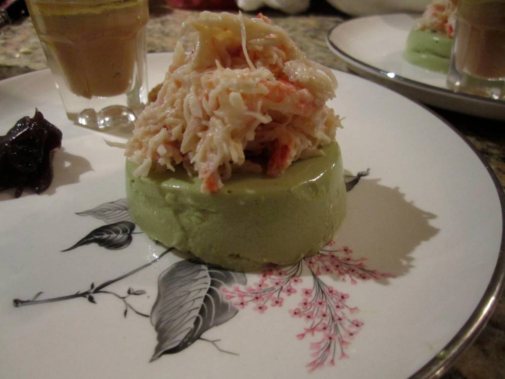 Plated avocado custard with king crab